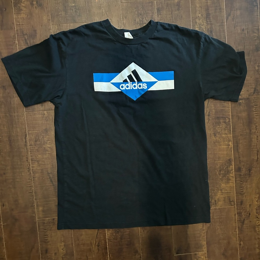 Vintage Adidas Men's Black T-Shirt with Blue Logo